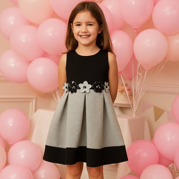 Isaac Mizrahi Girls Grey/black Flower Trim Fit N Flare Dress Size 6-8 - Picture 1 of 7
